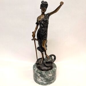 VINTAGE BRONZE STATUE Lady Justice Signed A. Mayer Greek Goddess Mounted Marble